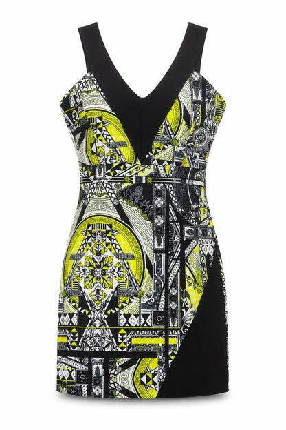Front view of Miss Selfridge women’s yellow geometric polyester a-line, size UK 12, v-neck pullover