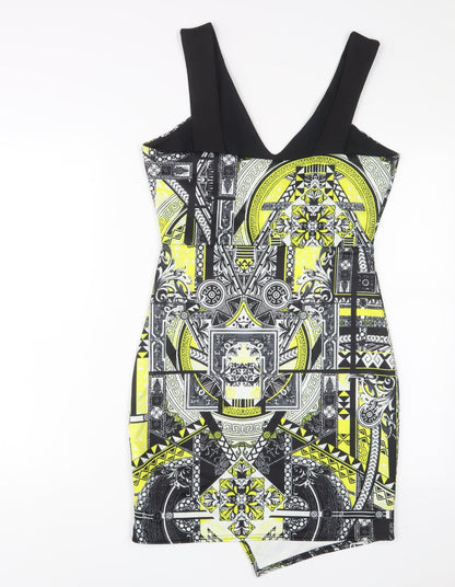 Back view of Miss Selfridge women’s yellow geometric polyester a-line, size UK 12, v-neck pullover