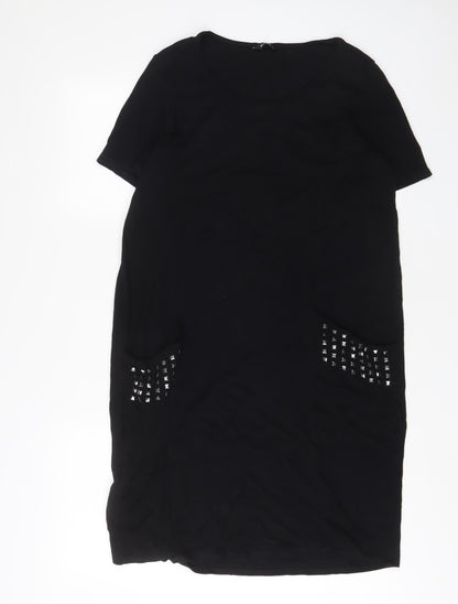 Additional front view of Roman women’s black viscose sheath, size UK 14, scoop neck pullover - studded