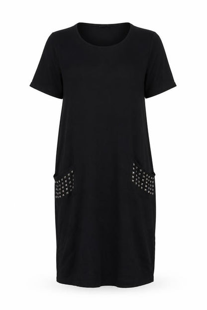 Front view of Roman women’s black viscose sheath, size UK 14, scoop neck pullover - studded