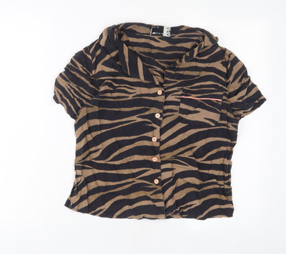 Additional front view of ASOS women’s brown animal print viscose basic button-up, size UK 8, collared