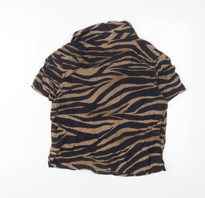 Back view of ASOS women’s brown animal print viscose basic button-up, size UK 8, collared