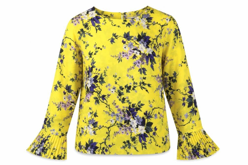 Warehouse Womens Yellow Floral Polyester Basic Blouse Size 14 Crew Neck