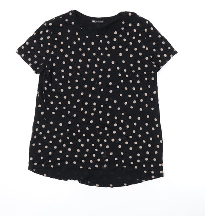 Zara Womens Black Polka Dot Cotton Basic T-Shirt Size S Round Neck