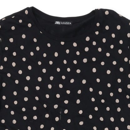 Zara Womens Black Polka Dot Cotton Basic T-Shirt Size S Round Neck