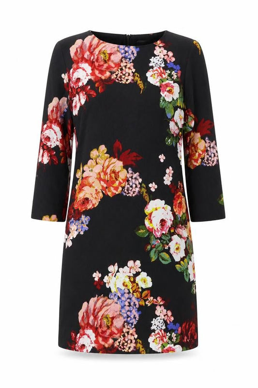 New Look Womens Black Floral Polyester A-Line Size 10 Boat Neck Zip