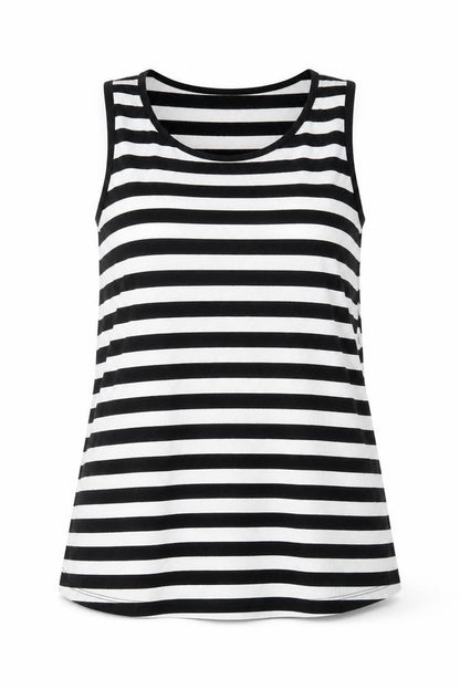 Front view of ASOS women’s black striped polyester basic tank, size UK 8, round neck