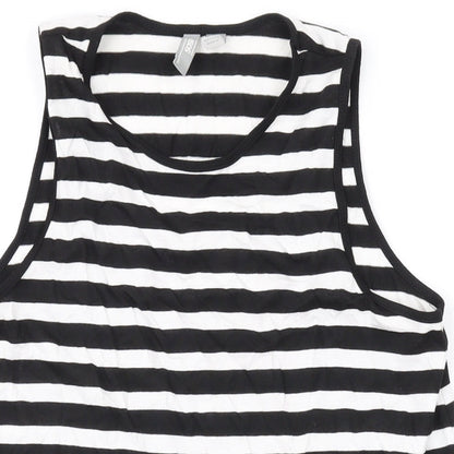 Close-up detail of ASOS women’s black striped polyester basic tank, size UK 8, round neck