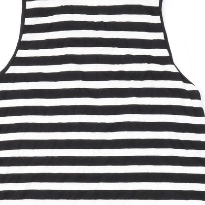 Brand and care label for ASOS women’s black striped polyester basic tank, size UK 8, round neck