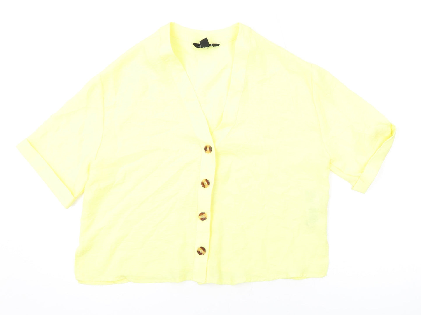 New Look Womens Yellow Polyester Basic Button-Up Size 10 V-Neck
