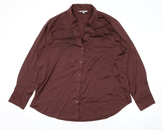 H&M Womens Brown Polyester Basic Button-Up Size XL Collared