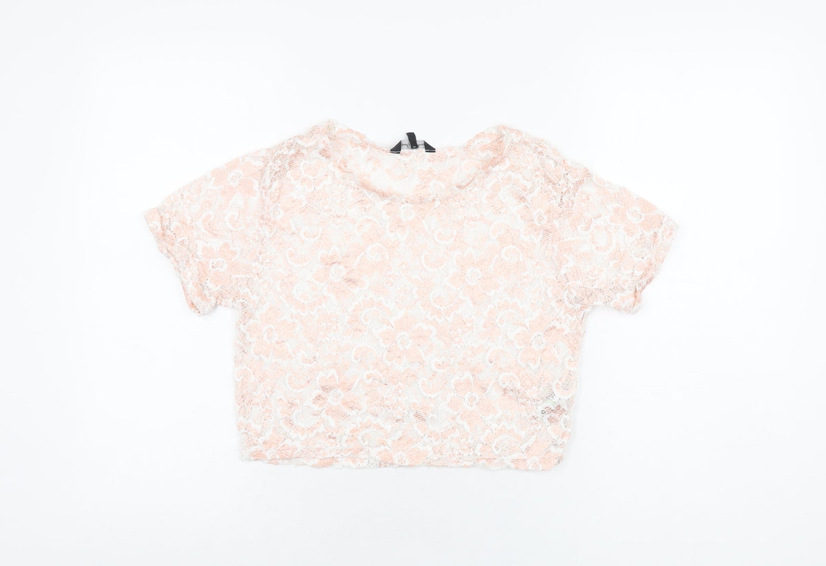 Additional front view of Candy Couture girls’ pink floral polyester cropped t-shirt, size 15, years round neck pullover