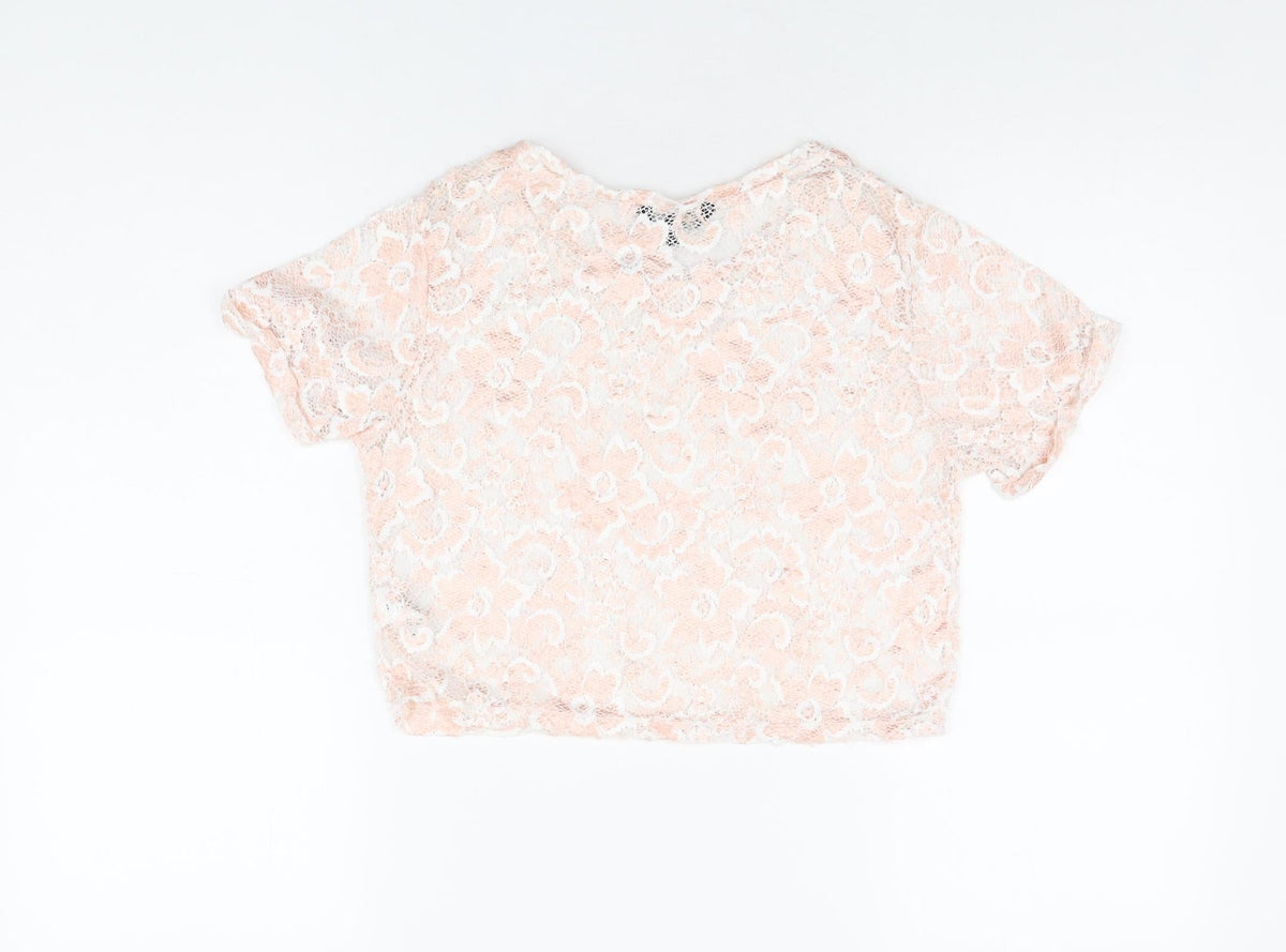 Back view of Candy Couture girls’ pink floral polyester cropped t-shirt, size 15, years round neck pullover