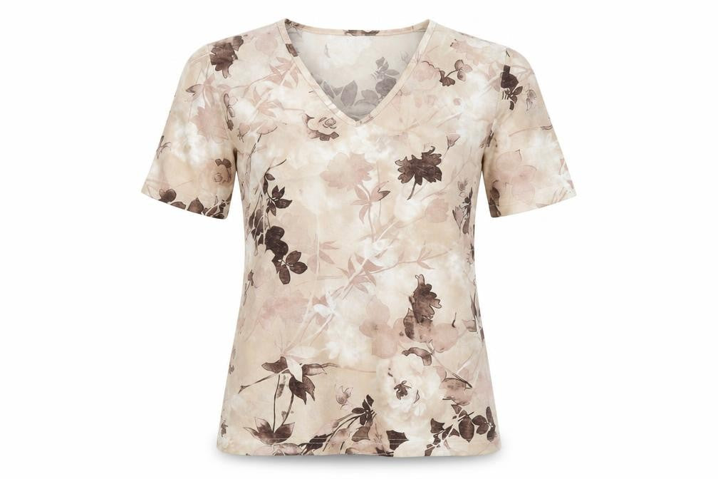 TIGI Womens Beige Floral Polyester Basic T-Shirt Size 10 V-Neck - Size 10-12