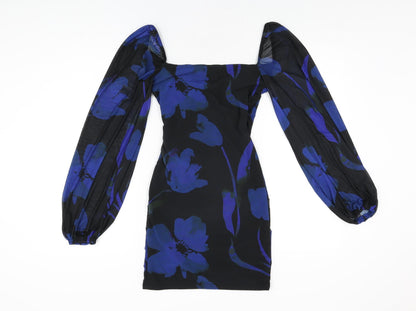 Back view of ASOS women’s black floral polyester bodycon, size UK 6, sweetheart pullover
