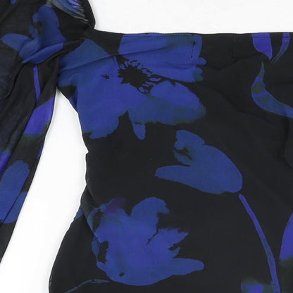 Brand and care label for ASOS women’s black floral polyester bodycon, size UK 6, sweetheart pullover