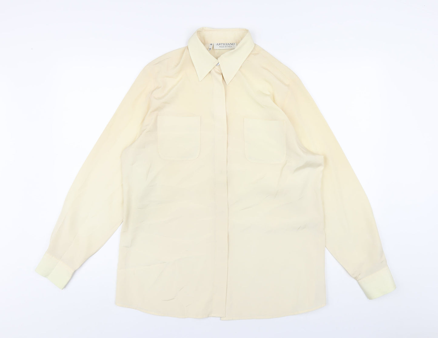 Artigiano Womens Beige Polyester Basic Button-Up Size 10 Collared