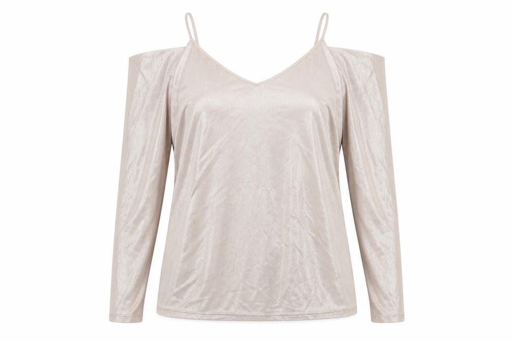 River Island Womens Gold Polyester Basic T-Shirt Size 8 V-Neck - Cold Shoulder