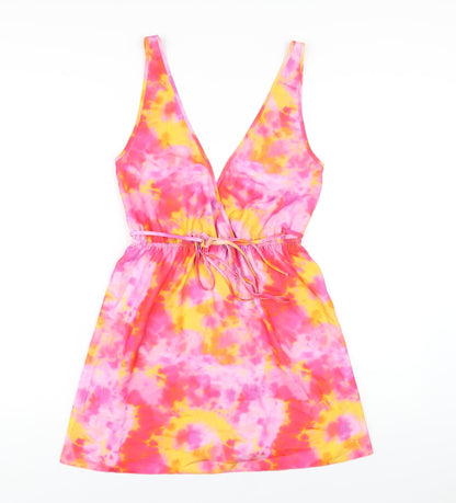 Additional front view of ASOS women’s multicoloured tie dye polyester tank dress, size UK 8, v-neck pullover