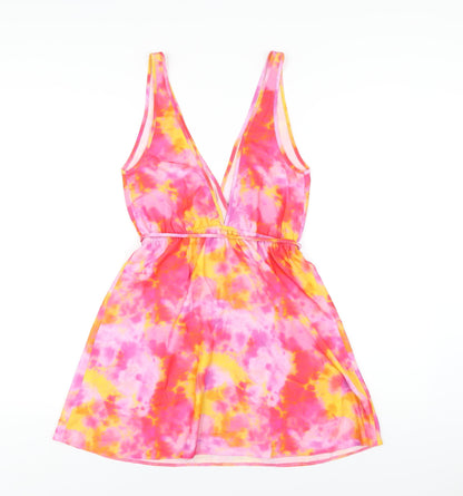 Back view of ASOS women’s multicoloured tie dye polyester tank dress, size UK 8, v-neck pullover