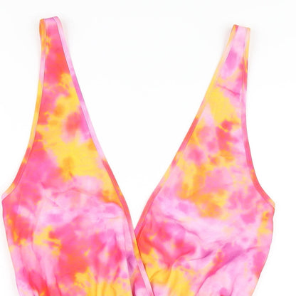 Close-up detail of ASOS women’s multicoloured tie dye polyester tank dress, size UK 8, v-neck pullover