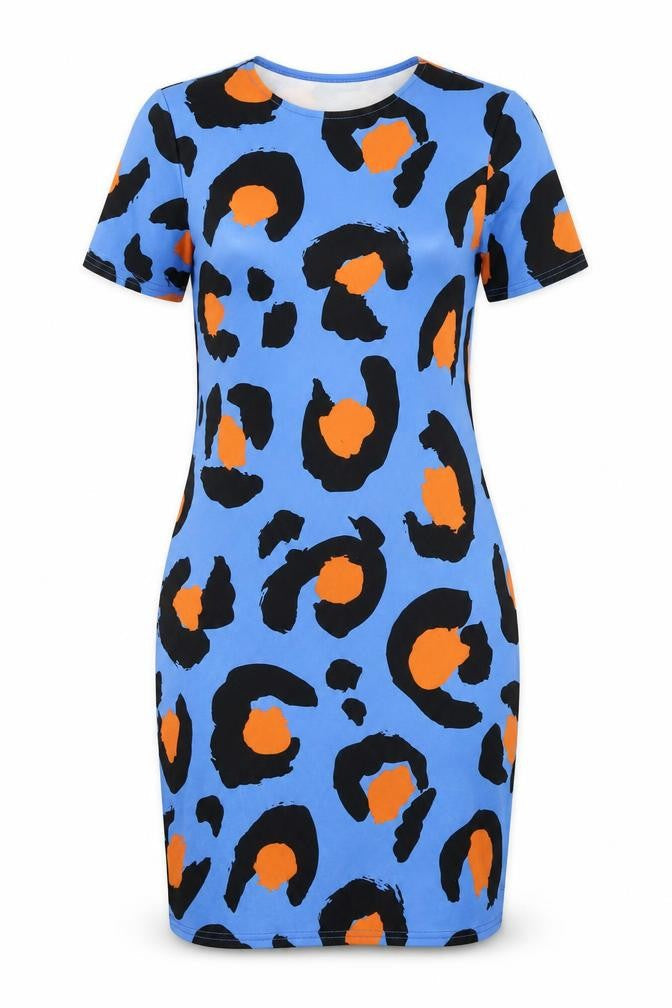 prettylitt Womens Blue Animal Print Polyester T-Shirt Dress Size 6 Round Neck Pullover - Leopard Print