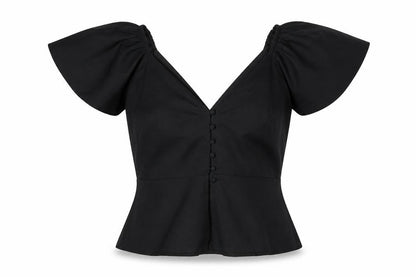 Front view of ASOS women’s black polyester basic blouse, size UK 8, v-neck