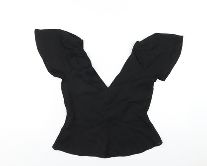 Back view of ASOS women’s black polyester basic blouse, size UK 8, v-neck