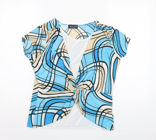 Saloos Womens Blue Geometric Polyester Basic T-Shirt Size M Round Neck