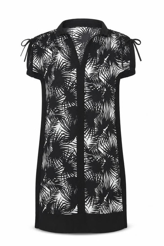Oasis Womens Black Geometric Polyester Shift Size S Collared Pullover - Drawstring Sleeve