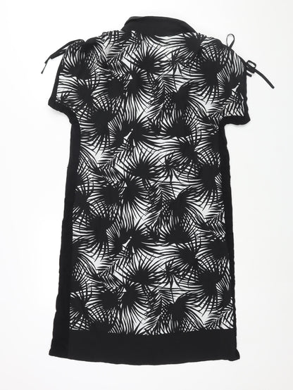 Oasis Womens Black Geometric Polyester Shift Size S Collared Pullover - Drawstring Sleeve
