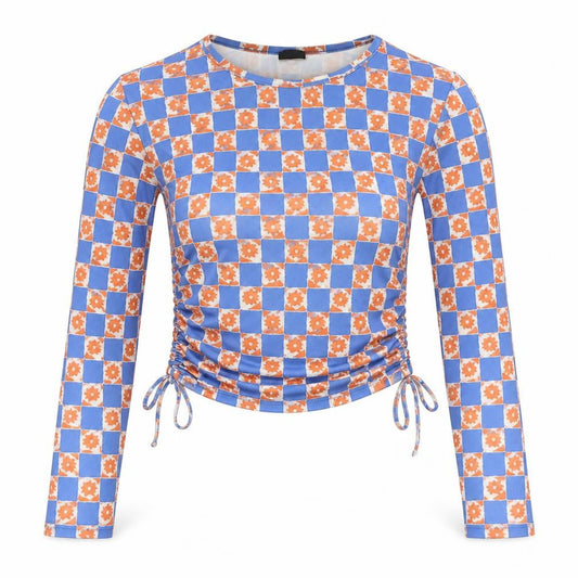 Urban Outfitters Womens Multicoloured Geometric Polyester Cropped Blouse Size XS Round Neck - Drawstring Detail