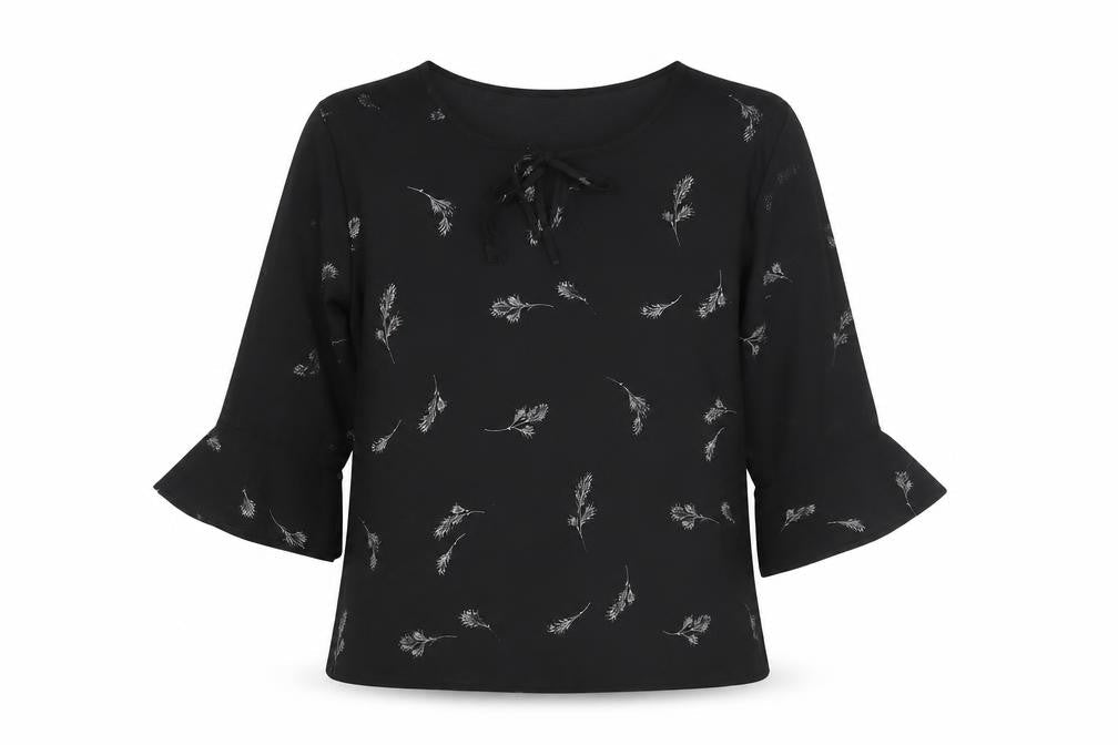 Reflections Womens Black Geometric Polyester Basic Blouse Size M Round Neck - Leaf Print Keyhole Neck