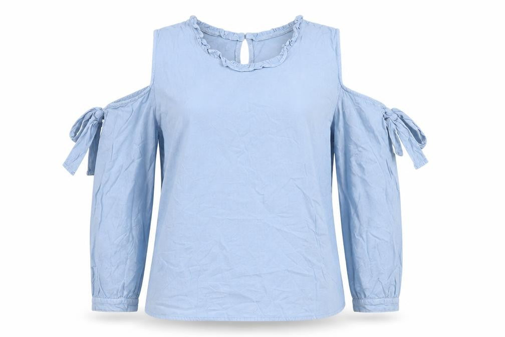 Lucky Charm Womens Blue Viscose Basic Blouse Size L Round Neck - Cold Shoulder Bow