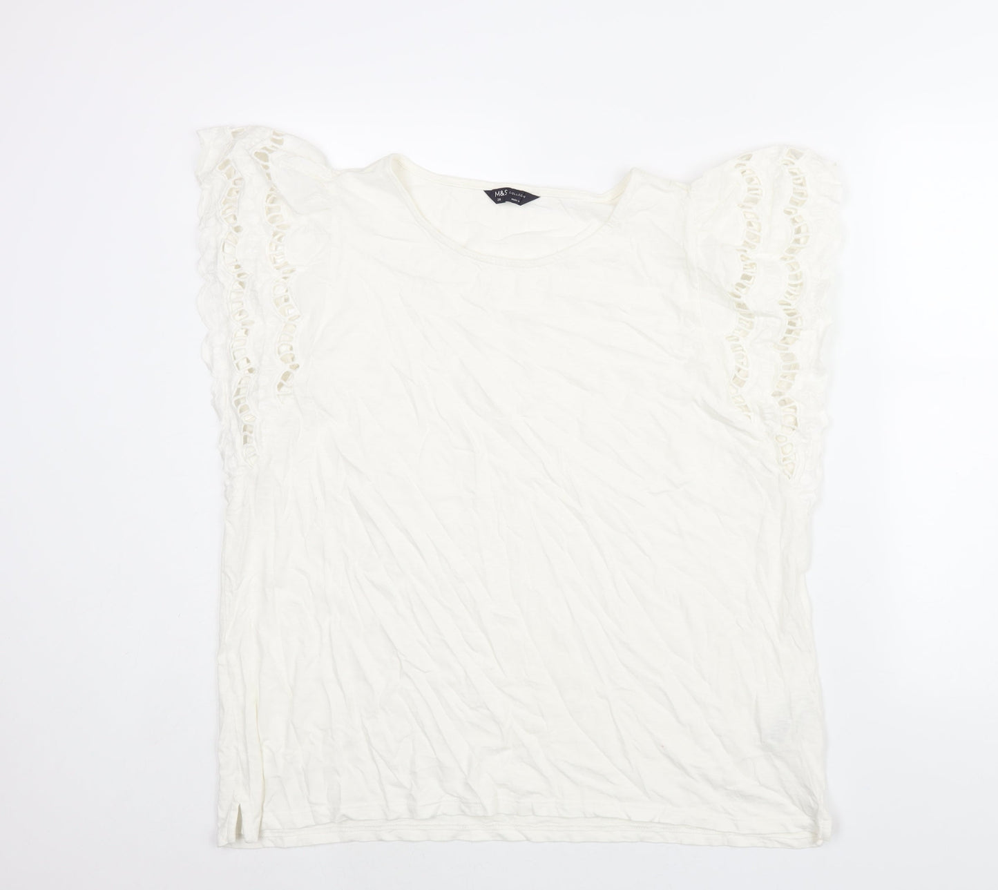 Marks and Spencer Womens White Cotton Basic Blouse Size 20 Round Neck - Frill Sleeve