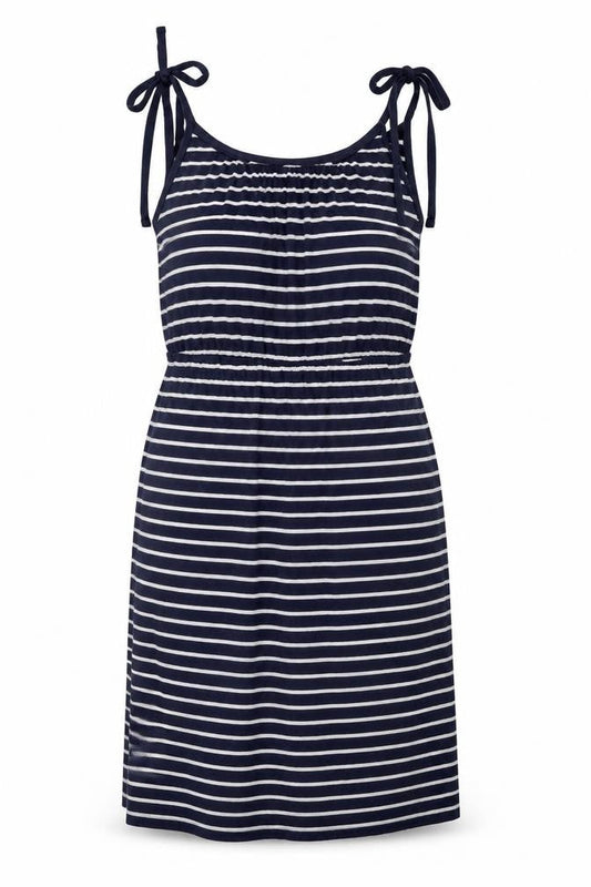 Warehouse Womens Blue Striped Viscose Shift Size 10 Scoop Neck Pullover - Bow