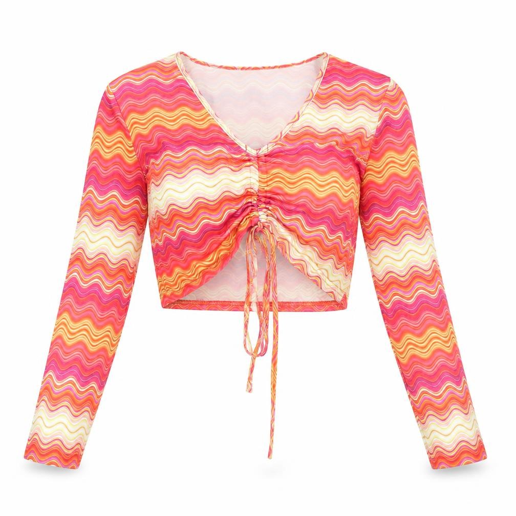 Cameo Rose Womens Multicoloured Geometric Polyester Cropped Blouse Size 8 V-Neck - Drawstring Detail