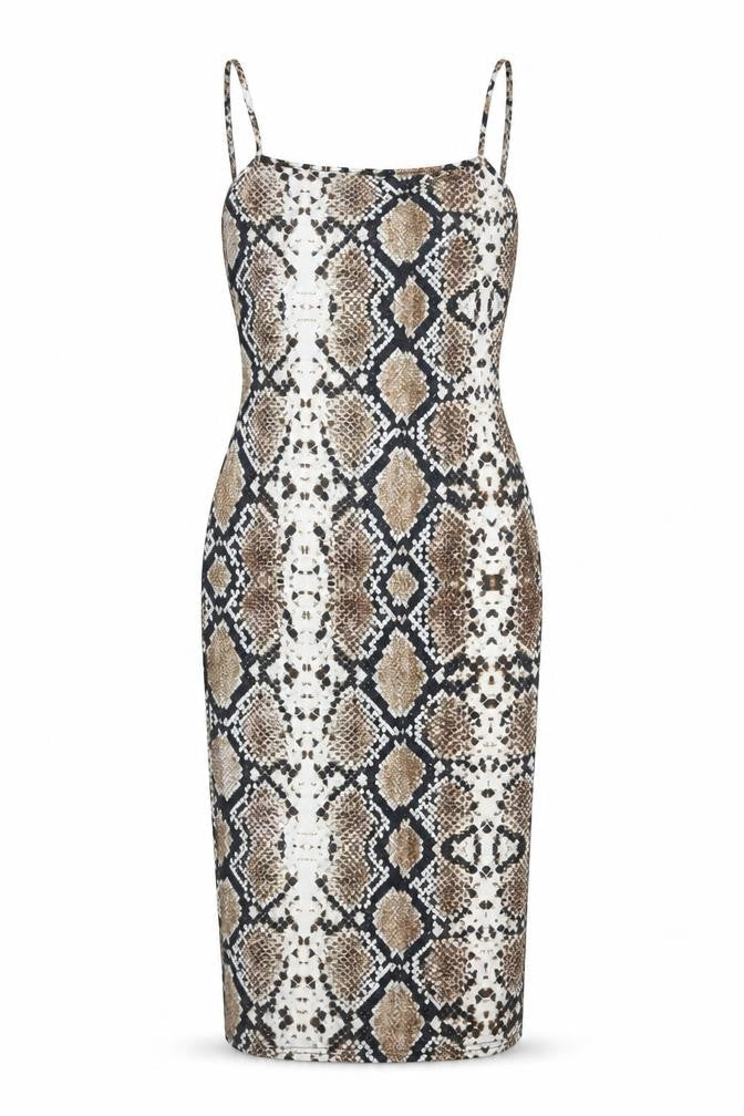 PRETTYLITTLETHING Womens Brown Animal Print Viscose Slip Dress Size 10 Square Neck Pullover - Snake Print