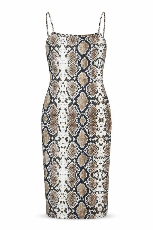 PRETTYLITTLETHING Womens Brown Animal Print Viscose Slip Dress Size 10 Square Neck Pullover - Snake Print