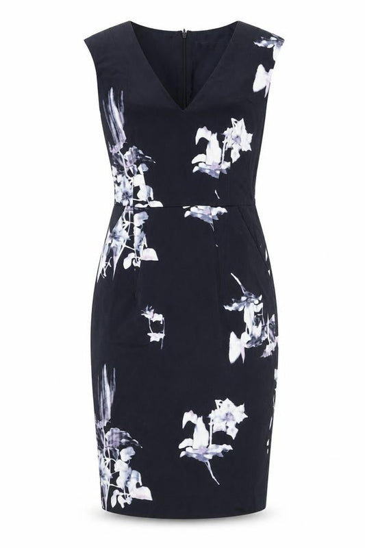 French Connection Womens Blue Floral Cotton Pencil Dress Size 10 V-Neck Zip