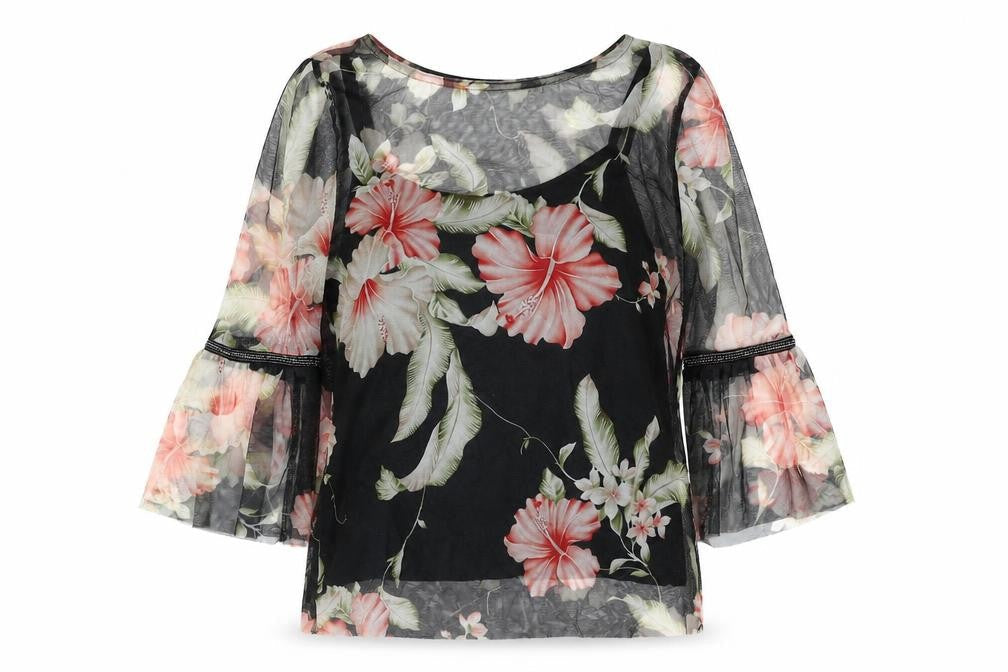 House Womens Black Floral Polyester Basic Blouse Size S Round Neck