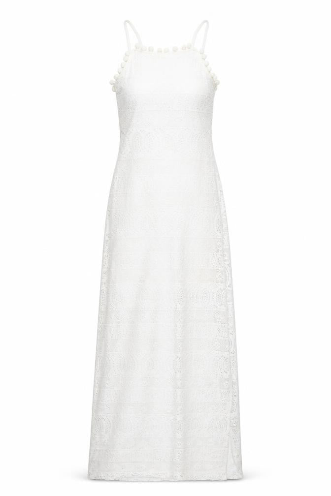 Spotted Womens White Polyester Maxi Size 8 Round Neck Pullover - Side Slits