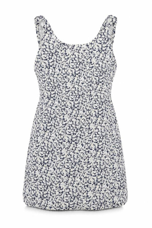 Zara Womens Blue Floral Cotton Mini Size L Boat Neck Zip - Open Back Frill