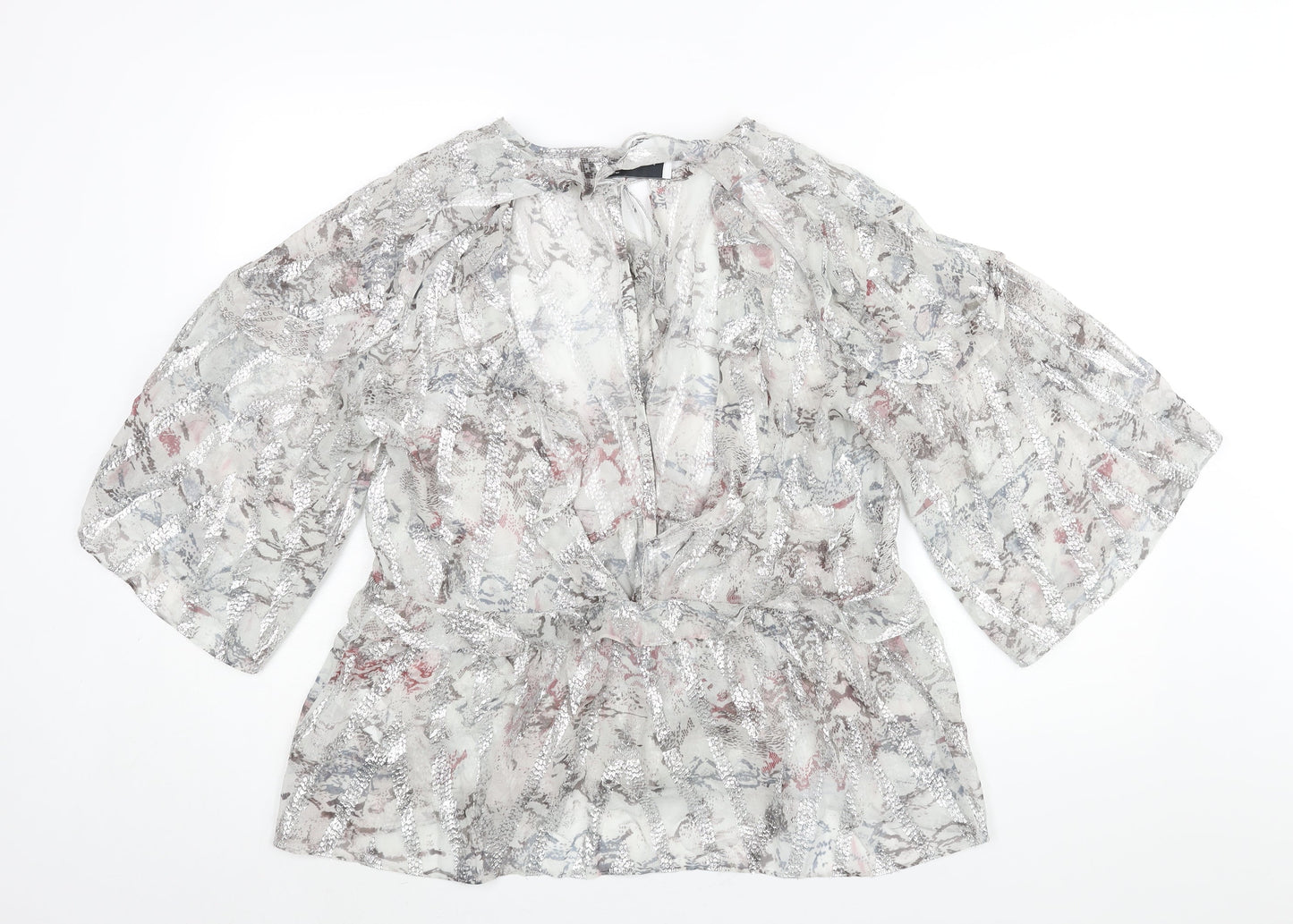 IRO Womens Silver Geometric Silk Basic Blouse Size 12 V-Neck - Frill