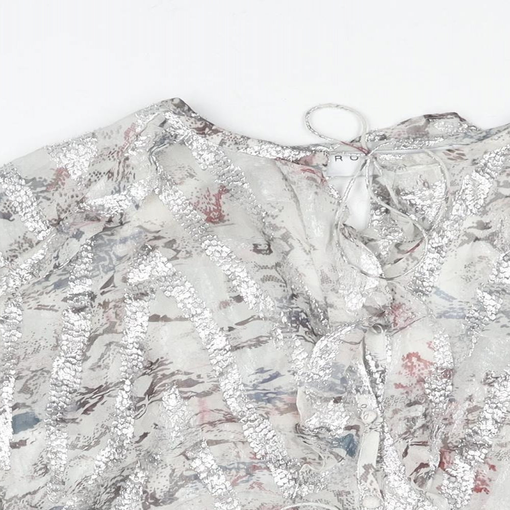 IRO Womens Silver Geometric Silk Basic Blouse Size 12 V-Neck - Frill