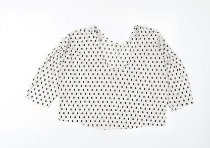 Back view of Miss Selfridge women’s white polka dot polyester basic t-shirt, size UK 10, crew neck