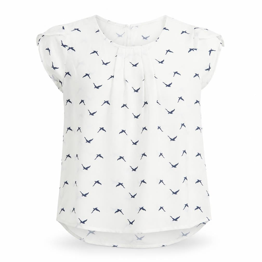 Stella Womens White Geometric Polyester Basic T-Shirt Size 8 Scoop Neck - Pleated