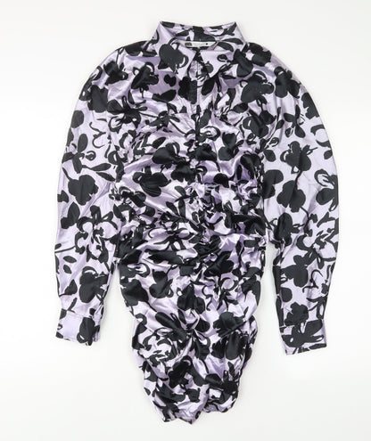 Zara Womens Purple Animal Print Polyester A-Line Size M Collared Button