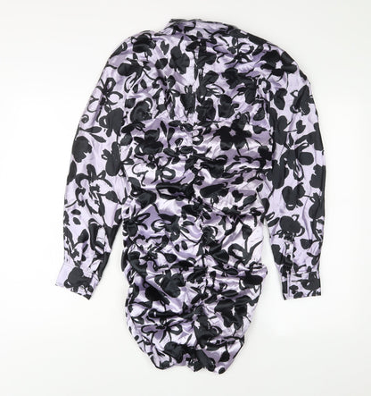 Zara Womens Purple Animal Print Polyester A-Line Size M Collared Button