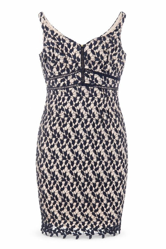 Coast Womens Beige Geometric Polyamide Sheath Size 10 V-Neck Zip - Embroidered